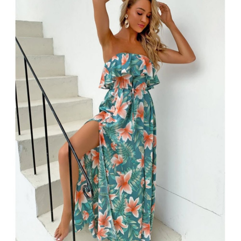 Split Thigh Tropical Print Maxi Dress